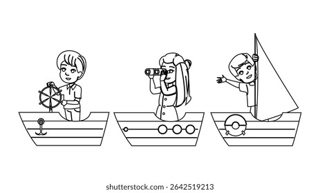 fun kid boating vector. water explore, nature sun, waves anchor fun kid boating character. people black line pencil drawing illustration