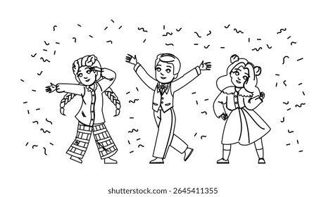 fun kid confetti vector. colorful playful, joy happiness, laughter balloons fun kid confetti character. people black line pencil drawing illustration
