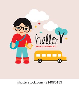 Diversión de los niños de vuelta a la escuela ilustración de los niños y el diseño de la cubierta de la tarjeta postal de la plantilla de autobús escolar en el vector
