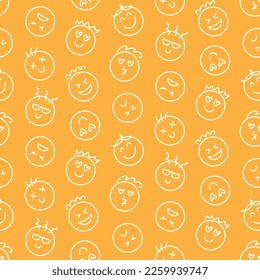 Fun Kids Emoji Icons Seamless Pattern, Emoticon Doodle Faces Repeat Background Texture. Funky Joyful Vector Illustration. Funny Characters Website Backdrop Design, Textile, Fabric Print, Cartoon Style
