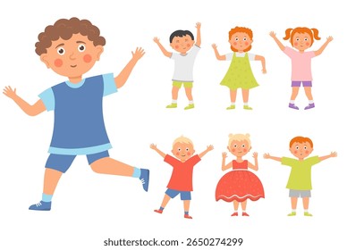 Fun kids energetic diverse children standing jumping cute cartoon happy smiling inclusive healthcare youth group playful disability preschool character vector design school education friendship outdoo