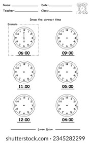 Fun Kids Learning Exercises. Draw The Time. Education Telling Time Worksheet Game for Children part two. fun activities for kids to play and learn.