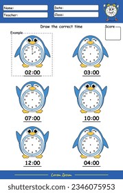 Fun Kids Learning Exercises. Draw The Time. Education Telling Time Worksheet Game for Children with penguin part one.  fun activities for kids to play and learn.