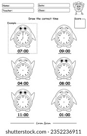 Fun Kids Learning Exercises. Draw The Time. Education Telling Time Worksheet Game for Children with penguin part Two.  fun activities for kids to play and learn. black and white with name