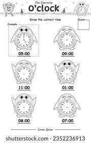 Fun Kids Learning Exercises. Draw The Time. Education Telling Time Worksheet Game for Children with penguin part two.  fun activities for kids to play and learn.