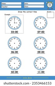 Fun Kids Learning Exercises. Draw The Time. Education Telling Time Worksheet Game for Children part one.  fun activities for kids to play and learn.