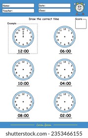 Fun Kids Learning Exercises. Draw The Time. Education Telling Time Worksheet Game for Children part Five.  fun activities for kids to play and learn.