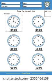 Fun Kids Learning Exercises. Draw The Time. Education Telling Time Worksheet Game for Children part two.  fun activities for kids to play and learn.
