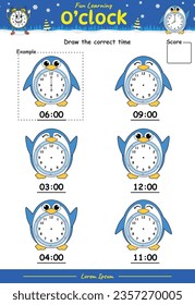 Spaß Kinder lernen Übungen. Zeichne die Zeit. Education Telling Time Worksheet Game für Kinder mit Pinguin Teil zwei. Spaß für Kinder zu spielen und zu lernen.