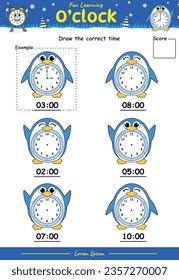 Fun Kids Learning Exercises. Draw The Time. Education Telling Time Worksheet Game for Children with penguin part one. fun activities for kids to play and learn.