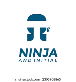 Fun kids ninja with letter T negative space icon logo vector design
