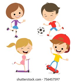 Fun kids play sports. Active way of life. White background.