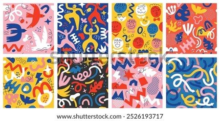 Fun kids seamless pattern. Doodle color shapes. Abstract party. Geometric modern repeated print. Dots and curve forms. Happy people dance. Birds fly. Festive childish texture. Vector backgrounds set