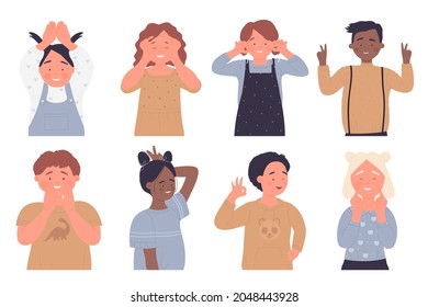 Ilustración vectorial de niños divertidos aislada. Caricatura de chicos felices personajes de niñas sonriendo, mostrando gestos, personas positivas tocando la cara o señalando, retratos creativos colección de fondo