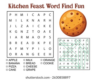 Fun kitchen-themed word search puzzle featuring a delicious cookie illustration. Ideal for kids' activities, educational materials, or food-related designs.