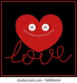 Fun knitted heart for Valentines day design. love. Valentine. Eye buttons. Funny image. Holiday card.Vector.