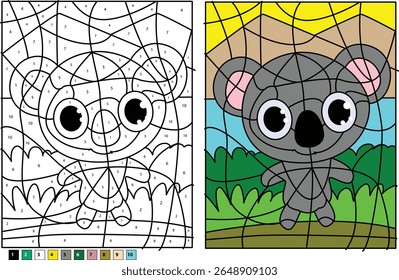 Fun Koala Color by Number illustration, showcasing the before and after, ideal for kids' educational games and printable activities.