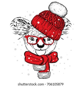 Fun koala in hat and scarf. Vector illustration for postcard or poster, print on clothes. New Year and Christmas, winter. Very cute cub.