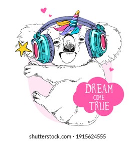 Fun Koala in a headphones with a rainbow unicorn horn. Humor card, t-shirt composition, hand drawn style print. Vector illustration.