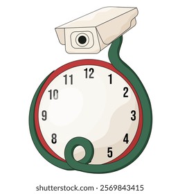 Fun label template design for round the clock security in 2025. The facility is under protection. Snake with Security Camera instead head isolated white. Vector for guard company logo label. 