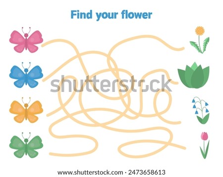 A fun labyrinth maze for children. Find your flower and watering can by color. A collection of educational games for children. Vector illustration for children's book.