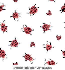 Fun ladybug vector seamless pattern background. Funky red white black backdrop with fun scattered cartoon kawaii ladybird characters dancing and jumping. Repeat for kids, toddlers, kindergarten