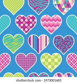 Fun late 80s early 90s style vector pattern for girls and tweens. Bright, bold colors reminiscent of retro back to school fashions.