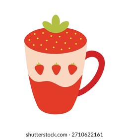 Una taza de café con leche divertida con envoltura de patrones de fresa