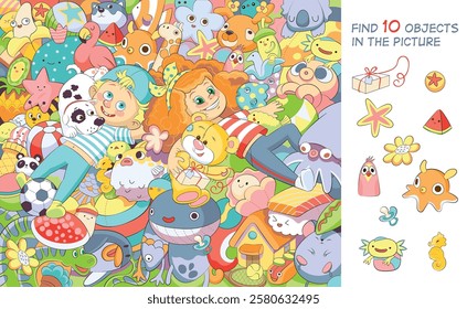 Fun, laughter, smiles! Children playing with soft toys. Find 10 objects in the picture. Educational game for children. Cartoon vector illustration