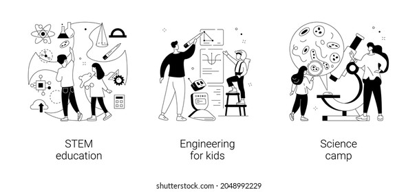 Fun learning activities abstract concept vector illustration set. STEM education, engineering for kids, science camp, technology class, laboratory experiment, early development abstract metaphor.