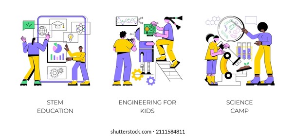 Actividades de aprendizaje divertido conjunto de ilustraciones vectoriales de concepto abstracto. Educación en ciencias básicas, ingeniería para niños, campo de ciencia, clase de tecnología, experimento de laboratorio, metáfora abstracta de desarrollo temprano.