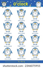 Divertido aprendiendo el reloj con pingüino. El horario de la educación es el reloj.  actividades divertidas para que los niños jueguen y aprendan.