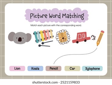 fun learning cute colorful word matching kids education worksheet printable activity