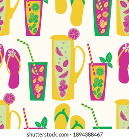 Fun lemonade pitcher, glass, flip flop vector seamless pattern background. Tropical color backdrop with jugs, drinks glasses, citrus fruit, mint leaves, women, and men sandals. Repeat for beach party.