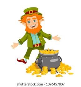 Fun leprechaun and a pot of gold coins. Isolated character on white background. Vector illustration