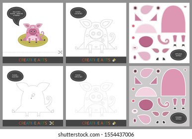 Fun Lessons - DIY! Set of cards for children's creativity. Original funny pig, coloring book, character connection by dots, template for applique, package of stickers and set for cutting - Vector