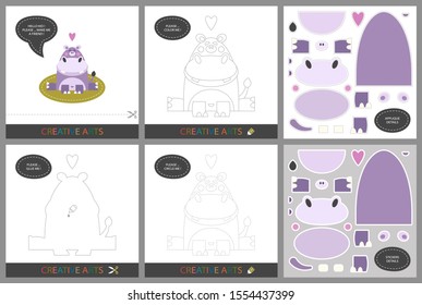 Fun Lessons - DIY! Set of cards for children's creativity. Original funny hippo, coloring book, character connection by dots, template for applique, package of stickers and set for cutting - Vector