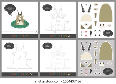 Fun Lessons - DIY! Set of cards for children's creativity. Original funny goat, coloring book, character connection by dots, template for applique, package of stickers and set for cutting - Vector