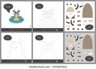 Fun Lessons - DIY! Set of cards for children's creativity. Original funny dear, coloring book, character connection by dots, template for applique, package of stickers and set for cutting - Vector