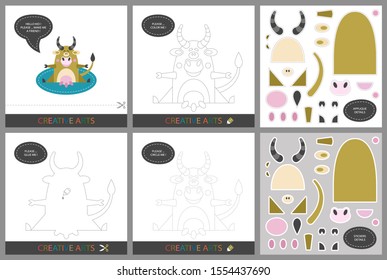 Fun Lessons - DIY! Set of cards for children's creativity. Original funny cow, coloring book, character connection by dots, template for applique, package of stickers and set for cutting - Vector