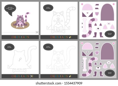 Fun Lessons. DIY. Set of cards for childrens creativity. Original funny cat, coloring book, character connection by dots, template for applique, package of stickers and set for cutting. Vector