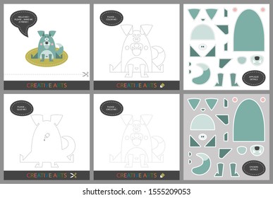 Fun Lessons - DIY! Set of cards for children's creativity. Original funny dog, coloring book, character connection by dots, template for applique, package of stickers and set for cutting - Vector