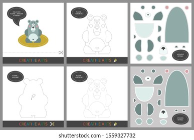 Fun Lessons - DIY! Set of cards for child creativity. Original funny bear, coloring book, character connection by dots, template for applique, package of stickers and set for cutting - Vector