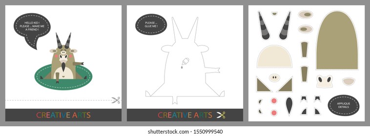Fun Lessons for Kids - DIY! Set of cards for children's creativity. Original funny goat, template for character applique and cutting set - Vector