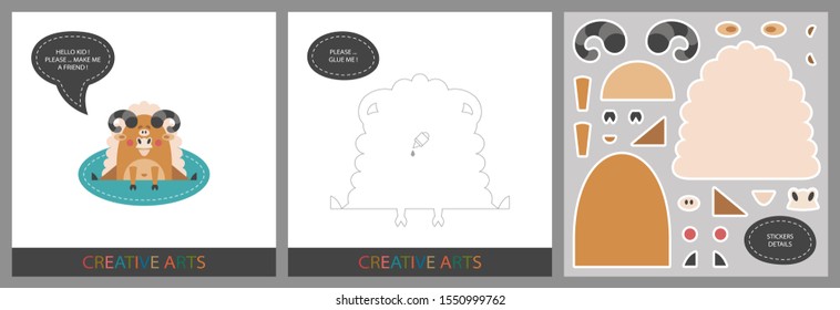 Fun Lessons for Kids - DIY! Set of cards for children's creativity. Original funny ram, template for character applique and set of stickers for sticking on a template - Vector