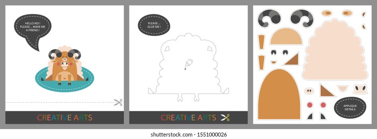 Fun Lessons for Kids - DIY! Set of cards for children's creativity. Original funny ram, template for character applique and cutting set - Vector