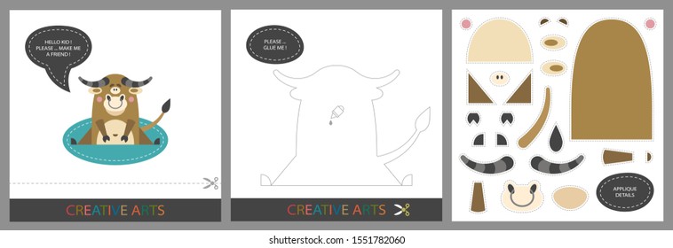 Fun Lessons for Kids - DIY! Set of cards for children's creativity. Original funny bull, template for character applique and cutting set - Vector