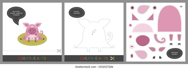 Fun Lessons for Kids - DIY! Set of cards for children's creativity. Original funny pig, template for character applique and cutting set - Vector