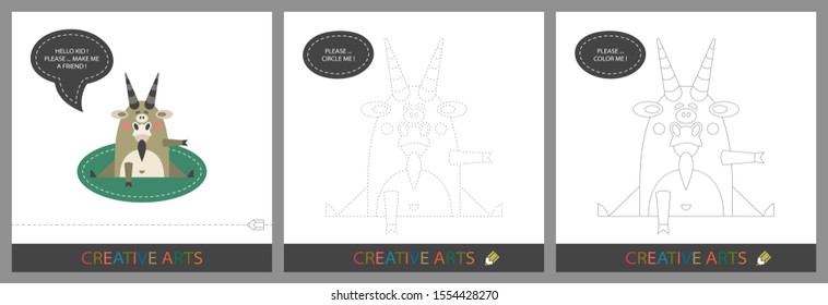 Fun Lessons for Kids - DIY! Set of cards for children's creativity. Original funny goat, character template for connecting by dots and silhouette for coloring - Vector