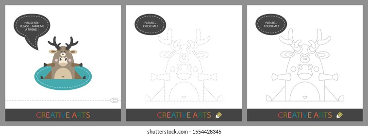 Fun Lessons for Kids - DIY! Set of cards for children's creativity. Original funny dear, character template for connecting by dots and silhouette for coloring - Vector